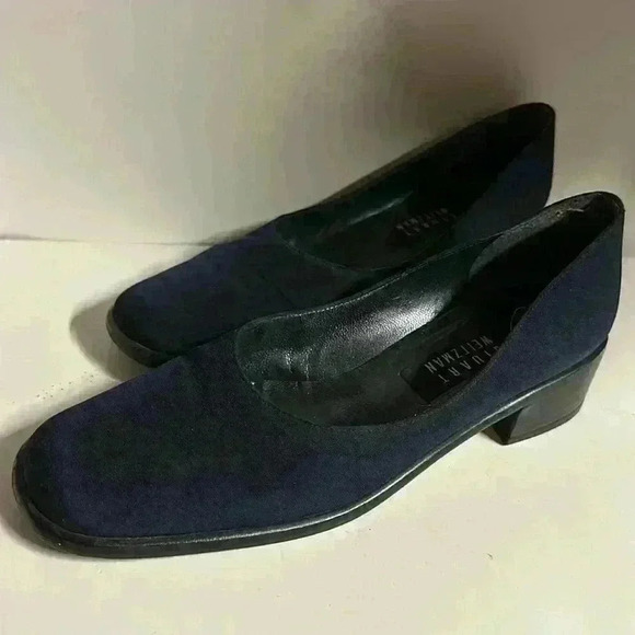 Vintage Stuart Weitzman navy blue cloth square toe black leather heel size 9N - Picture 8 of 11